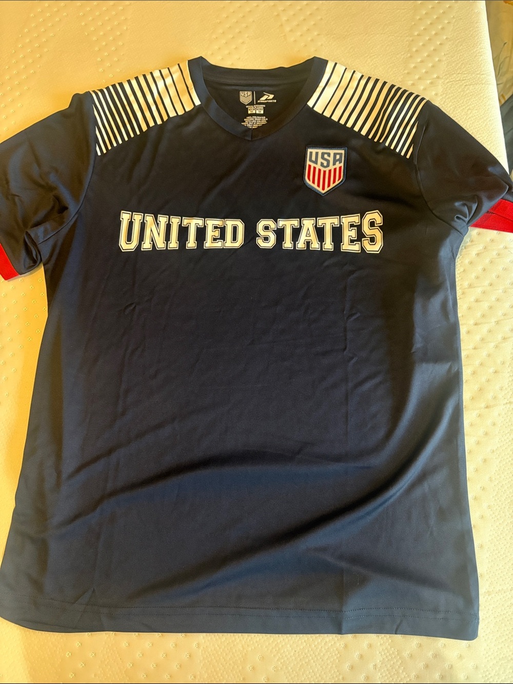 NWOT- United States Men's Navy Soccer Jersey with Red & White Details